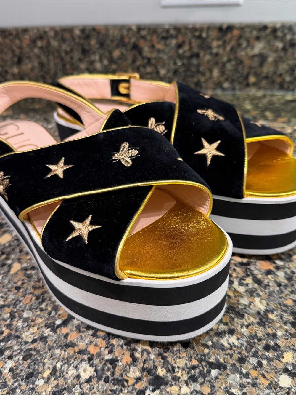 Gucci Black Velvet Platform Sandals with Gold Embroidery 38.5